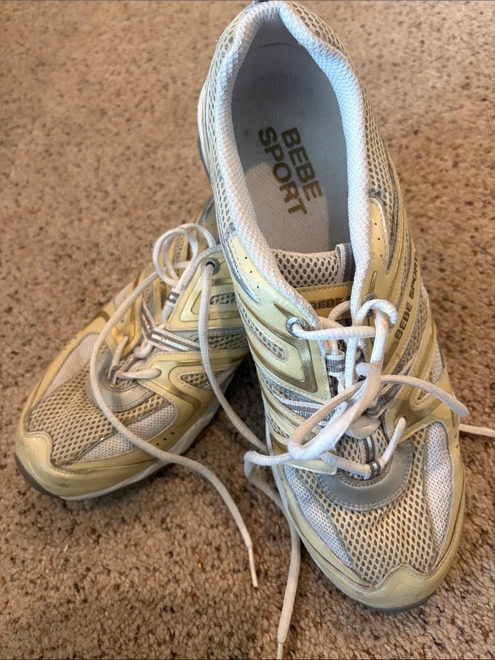 bebe Sport White and Pale Yellow Women's Athletic Sneakers